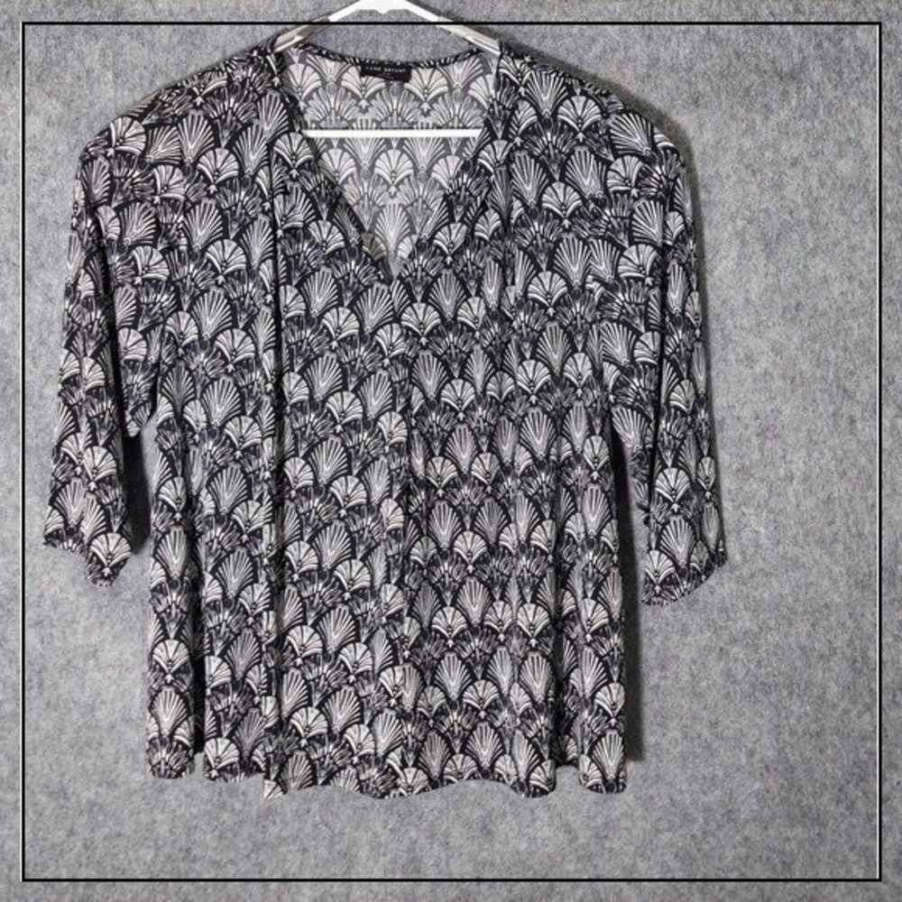 Lane Bryant Women Blouse 22 24 Black Coastal Sea Shell V Neck 1/2 Sleeve Stretch